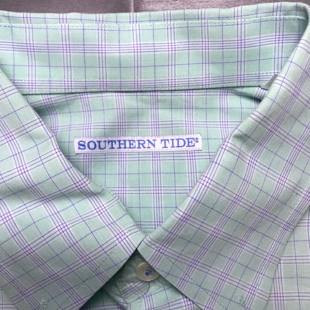 Southern Tide Mens Large Mint Green Purple Plaid Long Sleeve Button Down Shirt - Picture 3 of 15